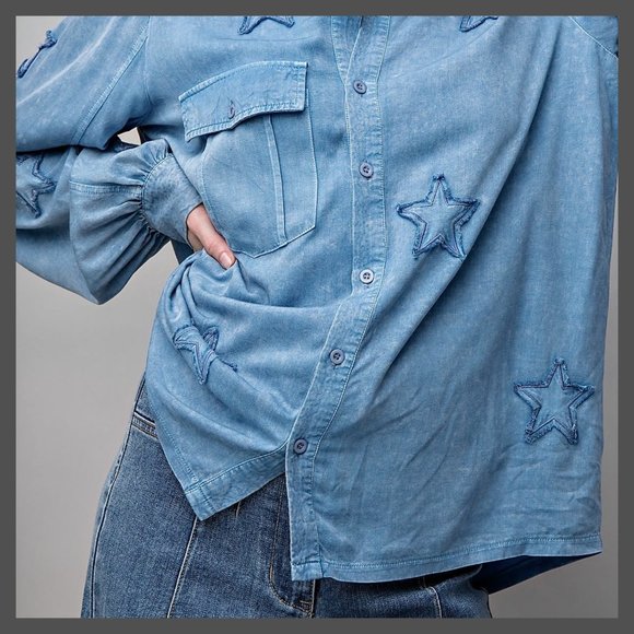 EASEL "STAR STRUCK" Embroidered Silk-Like Mineral Wash Button Up, Cuffs, Pockets - Picture 9 of 16